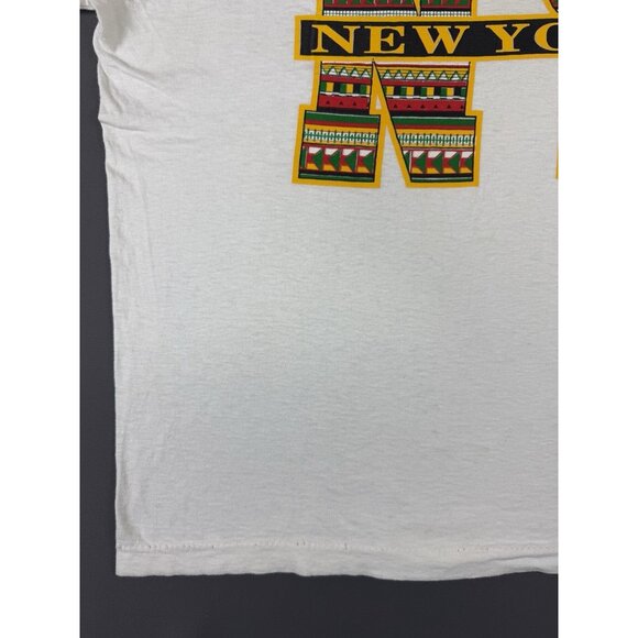 Vintage 90s New York NY Spell Out Art Logo Pattern Tribal White Shirt Short Heel - Picture 5 of 15